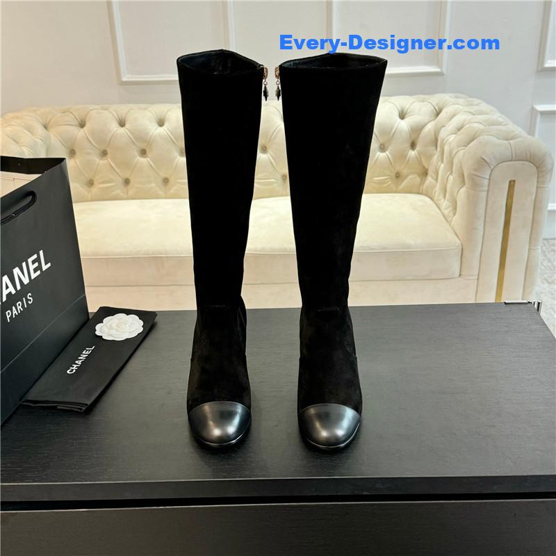 Ch**el suede calfskin chunky knee-high boots