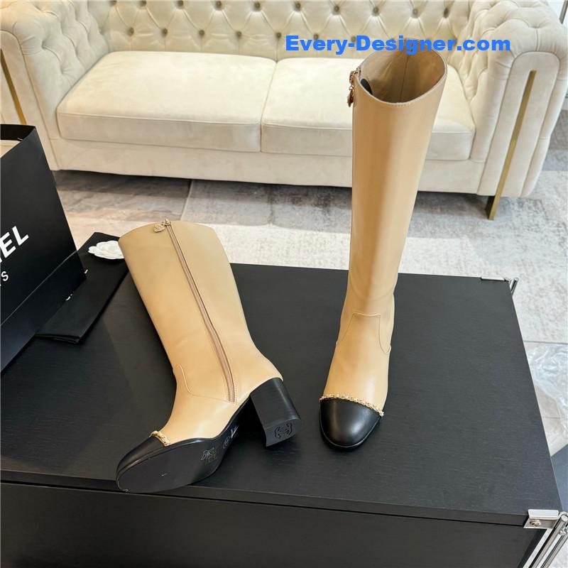 Ch**el beige calfskin chunky knee-high boots