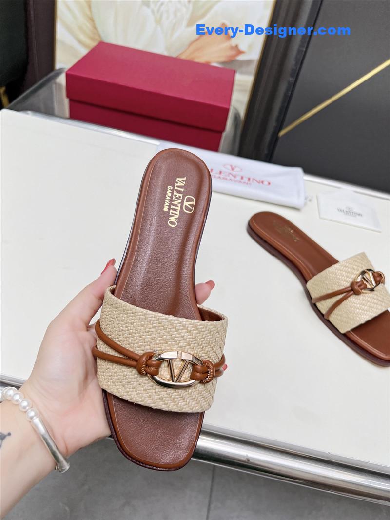 Va1e*ntin0 vlogo raffia leather slides brown