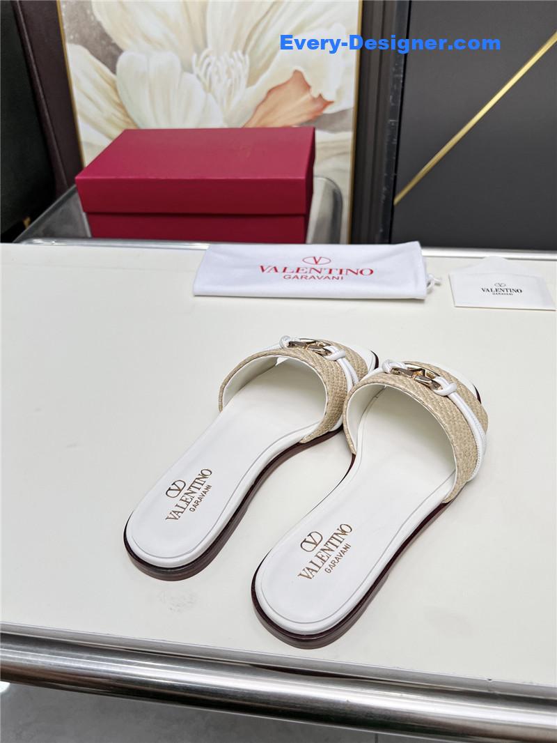 Va1e*ntin0 vlogo raffia leather slides natural