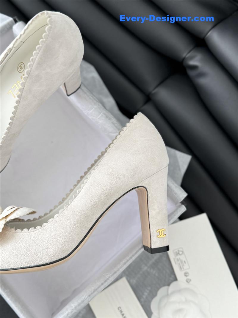 Ch**el camellia heel pumps in white suede leather