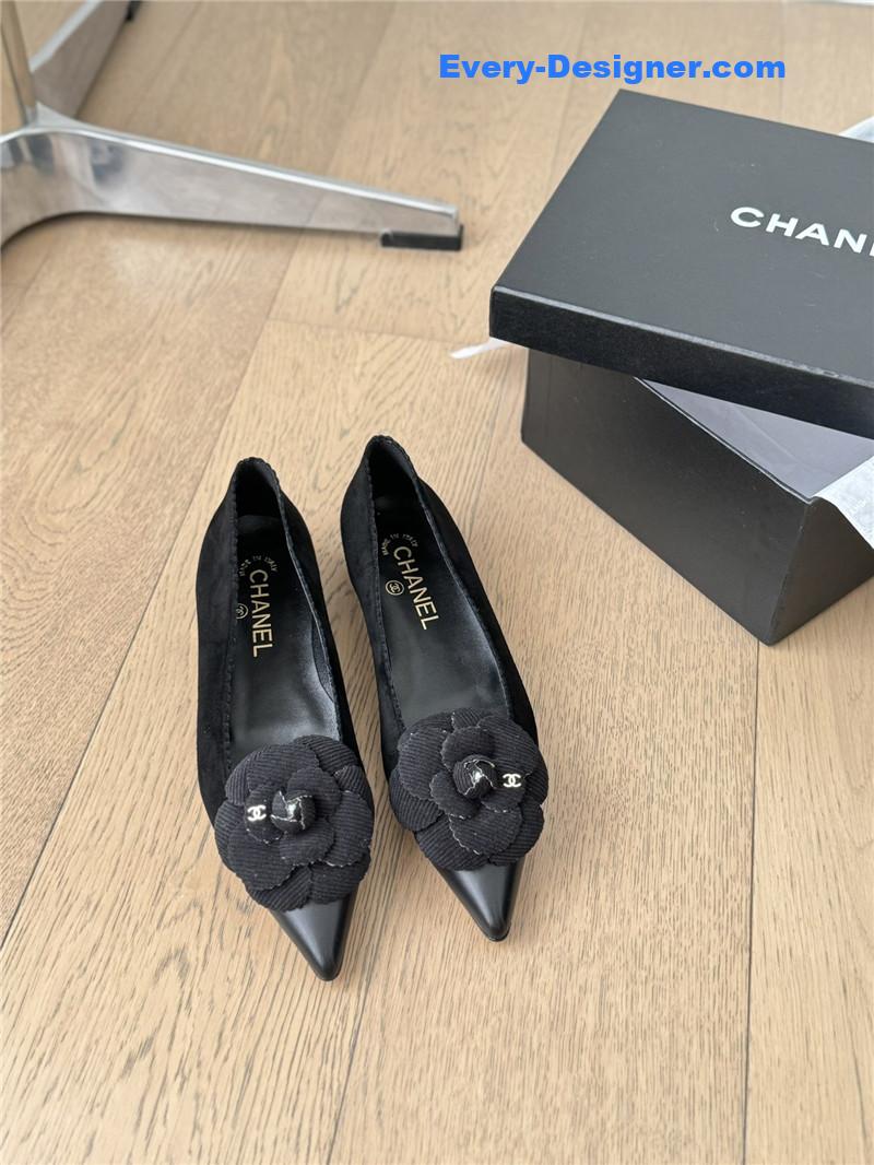 Ch**el camellia black suede flat pumps