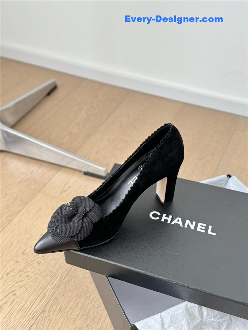 Ch**el camellia heel pumps in black suede