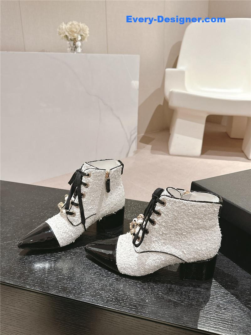 Ch**el pointed toe white tweed chunky heel ankle boots