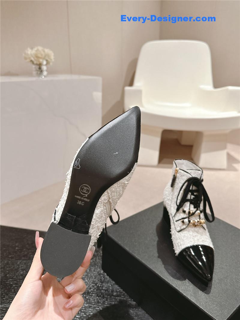 Ch**el pointed toe white tweed chunky heel ankle boots
