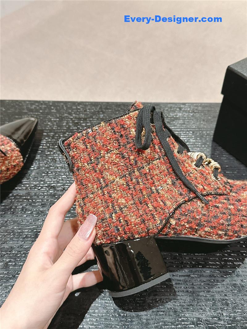 Ch**el pointed toe chunky heel burgundy tweed ankle boots