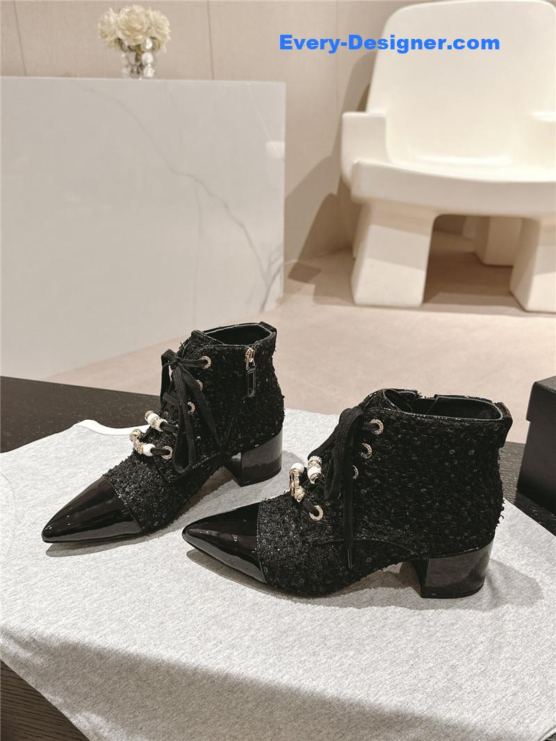 Ch**el pointed toe chunky heel tweed ankle boots