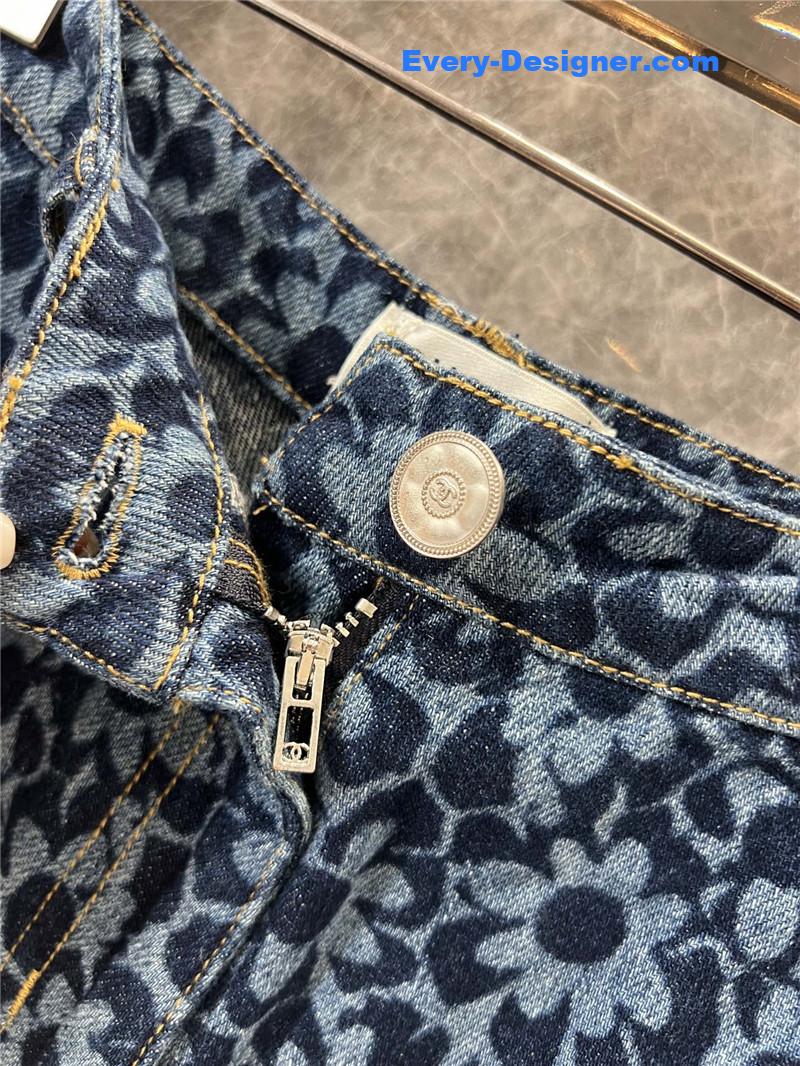 Ch**el floral logo print denim a-line shorts replicas clothes