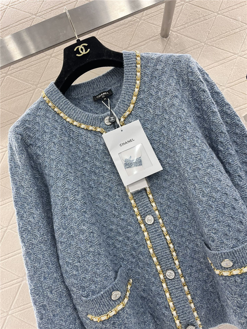 Ch**el chain-trim texture cardigan blue