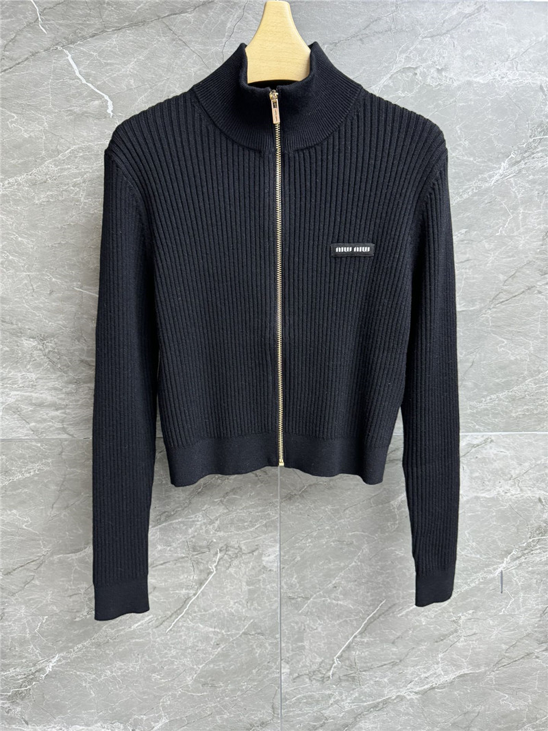 Miu Miu Crop Zipper Rib Wool Cardigan Black
