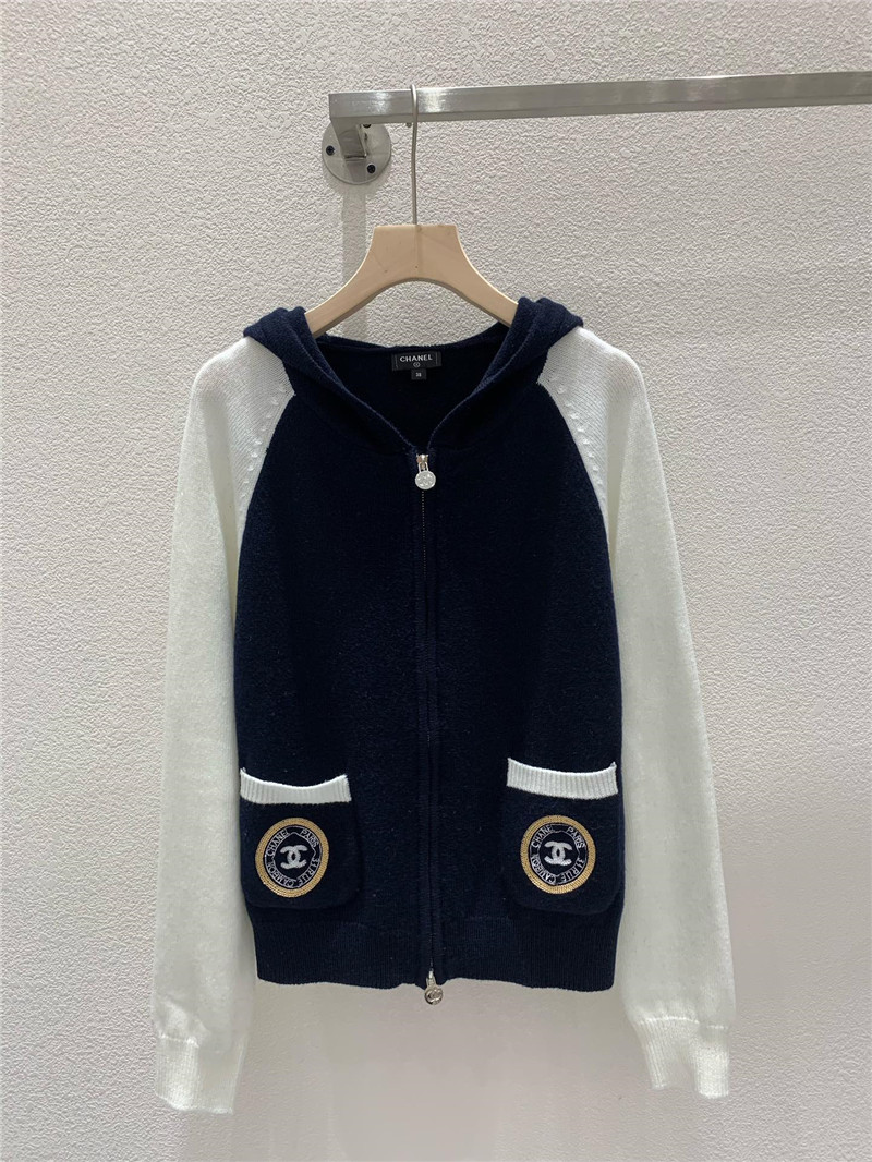 Ch**el raglan sleeves zipper knit hoodie white/black