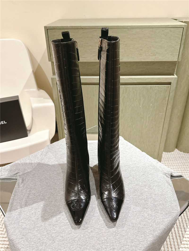 Ch**el pointed toe crocodile knee-high boots