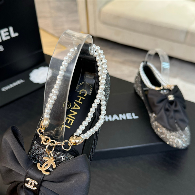 Ch**el bow pearl ankle mary jane flats silver glitter