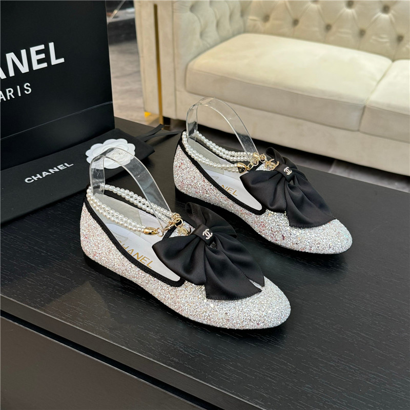 Ch**el bow pearl ankle mary jane flats natural glitter