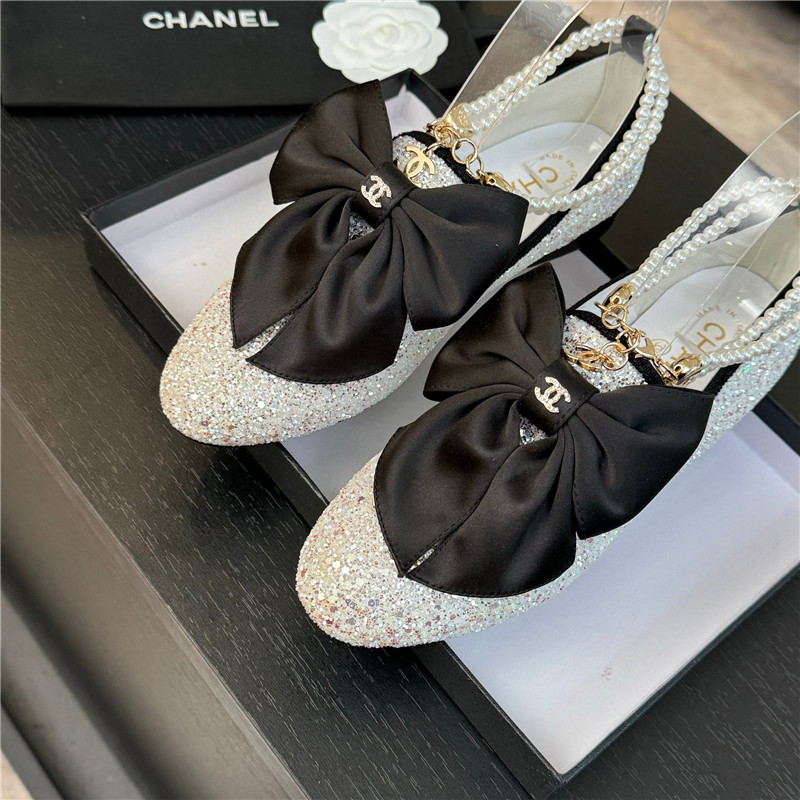 Ch**el bow pearl ankle mary jane flats natural glitter