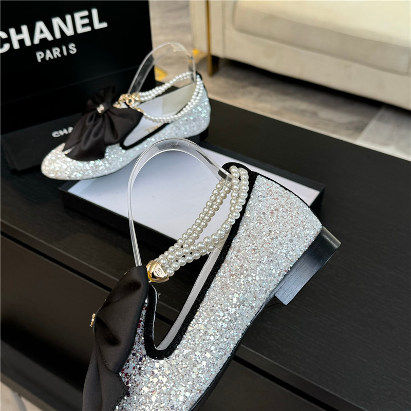 Ch**el bow pearl ankle mary jane flats natural glitter