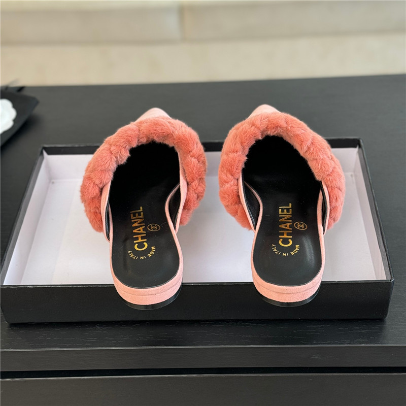 Ch**el fur strap pointed flat mule pink suede