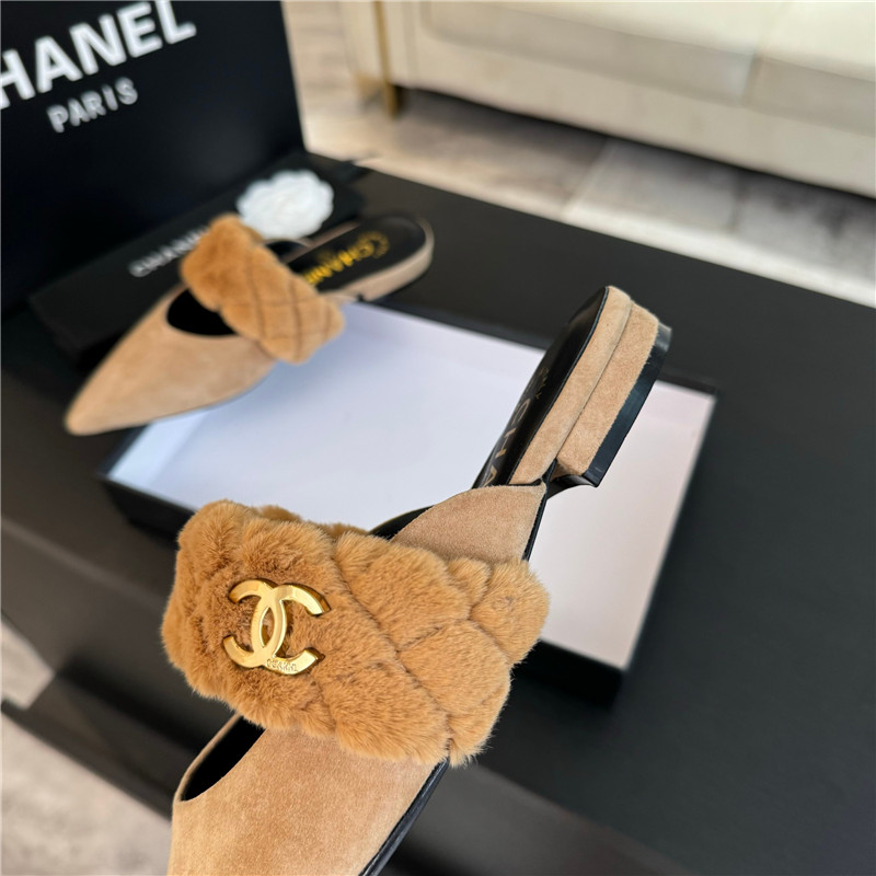 Ch**el fur strap pointed flat mule beige suede