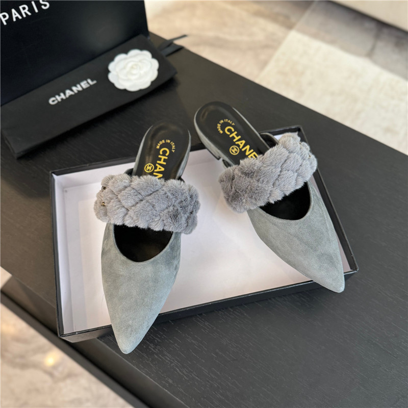 Ch**el fur strap pointed flat mule grey suede