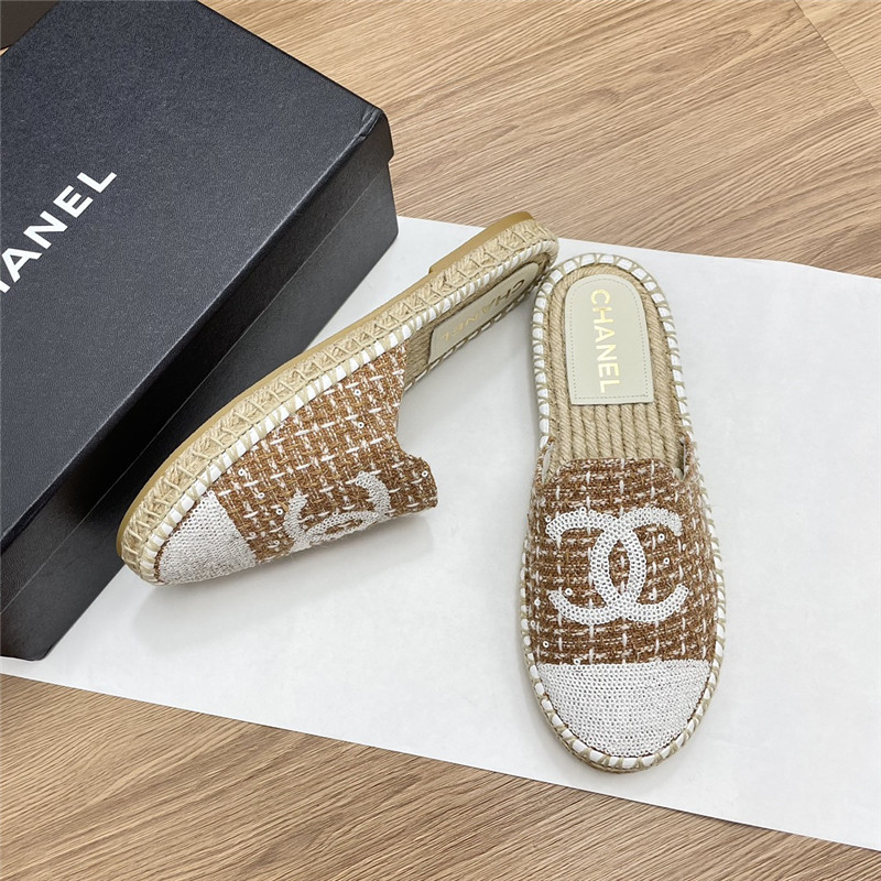 Ch**el espadrille mules in beige/white tweed with sequins