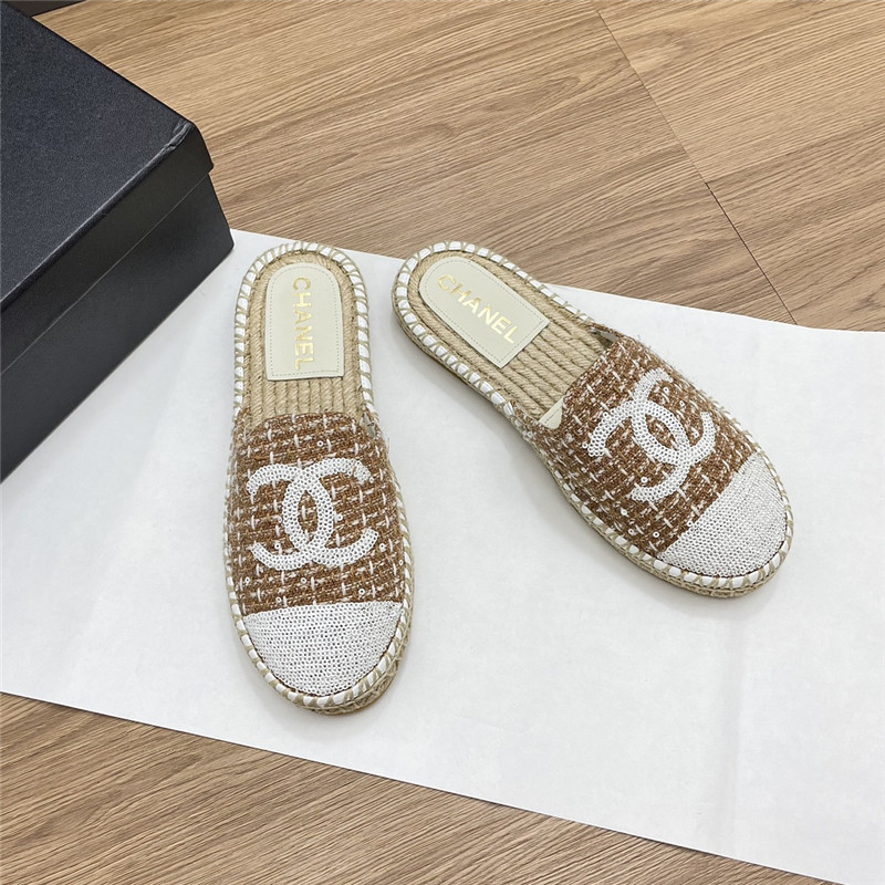 Ch**el espadrille mules in beige/white tweed with sequins
