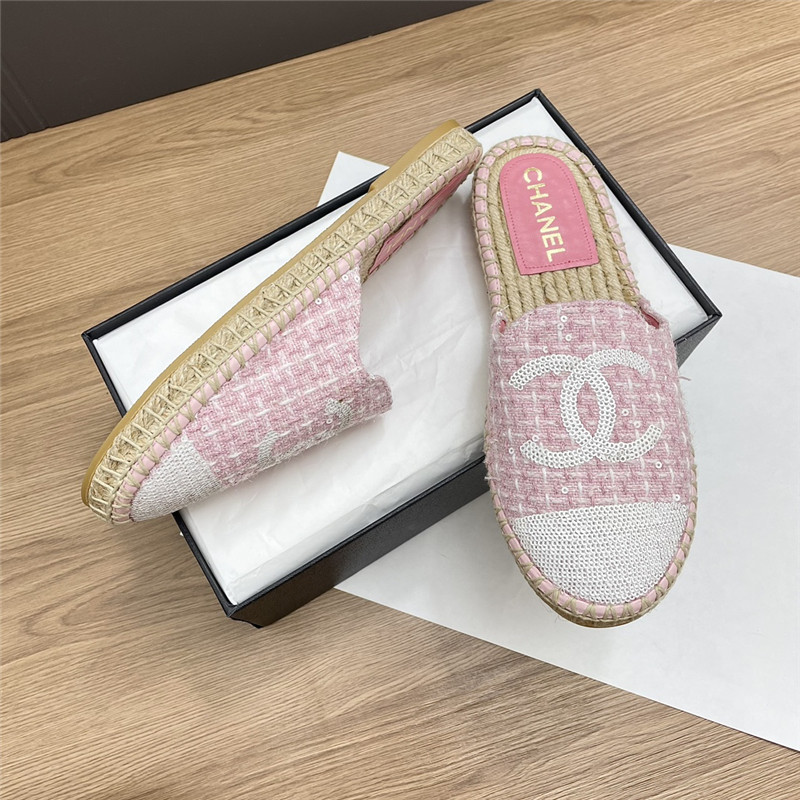 Ch**el espadrille mules in pink/white tweed with sequins
