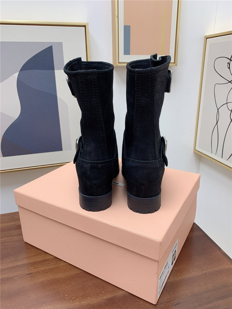 Miu Miu Black Calfskin Chunky Buckle Biker Boots