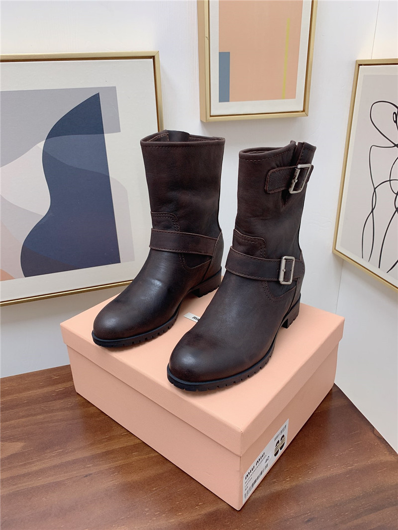 Miu Miu Calfskin Chunky Buckle Biker Boots