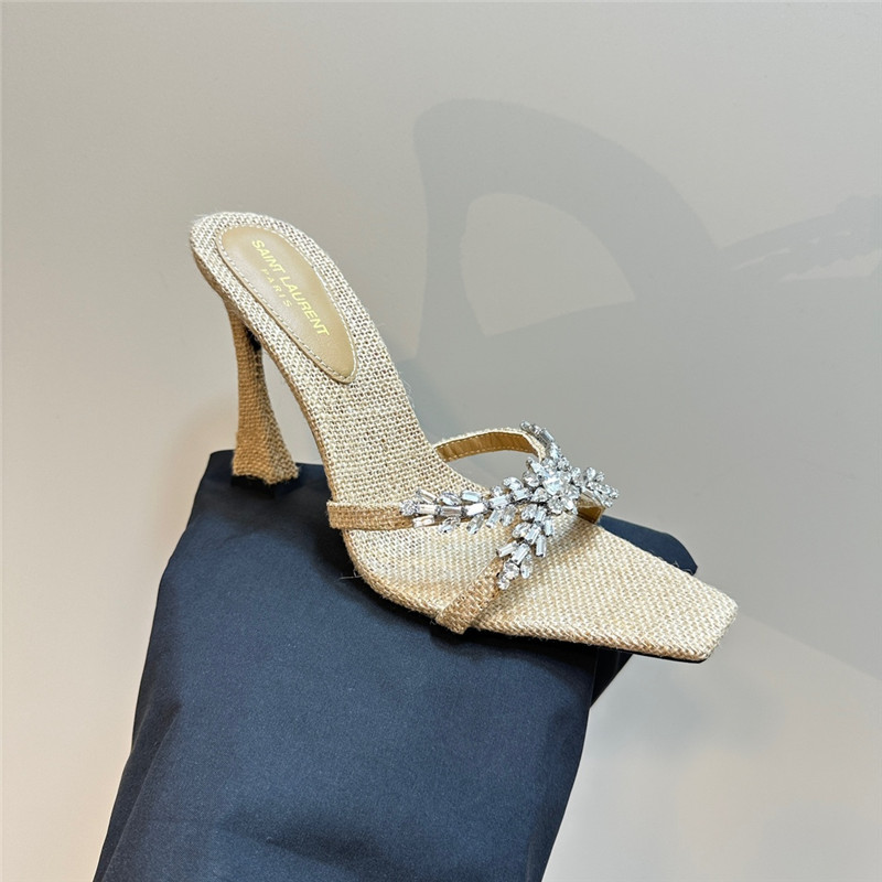 Y51 liz mules in natural linen with rhinestones