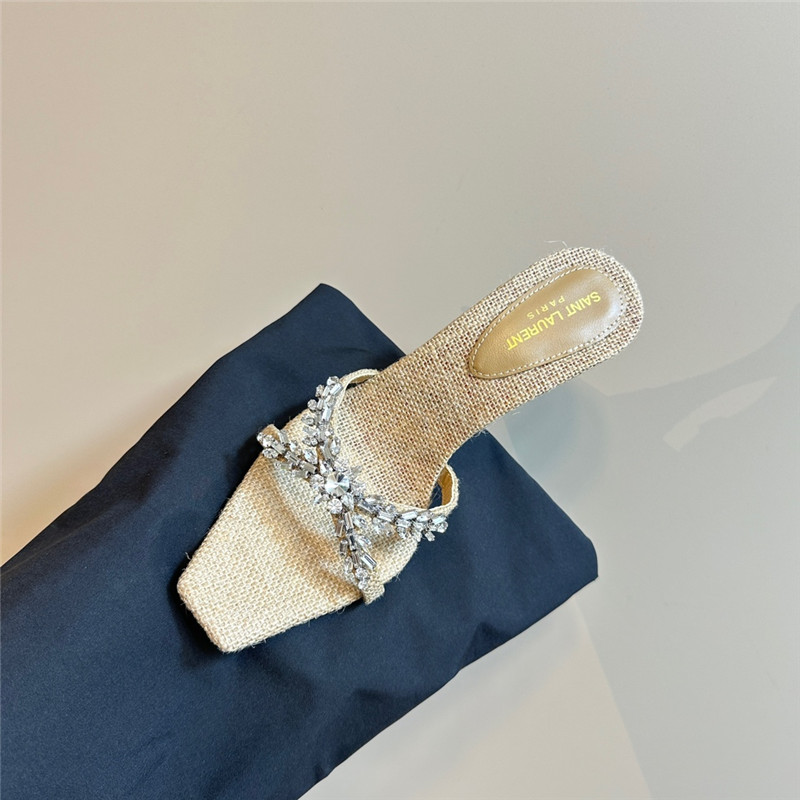 Y51 liz mules in natural linen with rhinestones