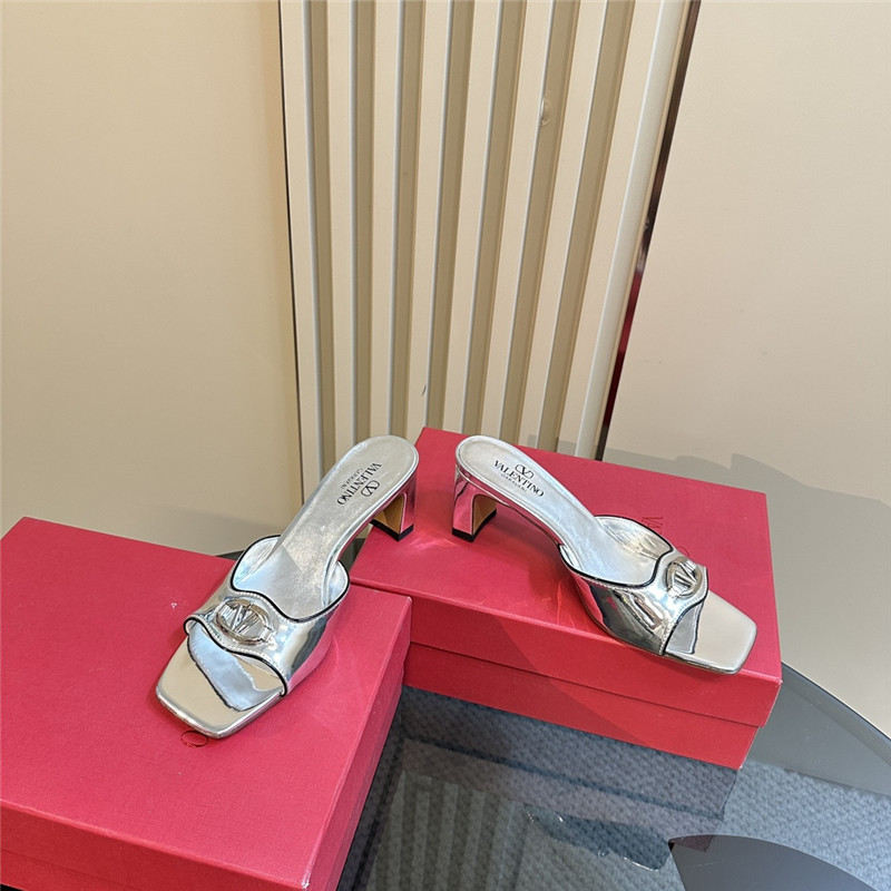 Va1e*ntin0 vlogo locker mules in silver mirrored calfskin