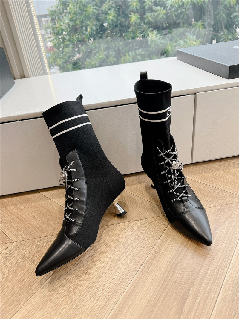 Ch**el pointed toe calfskin knit lace-up ankle boots