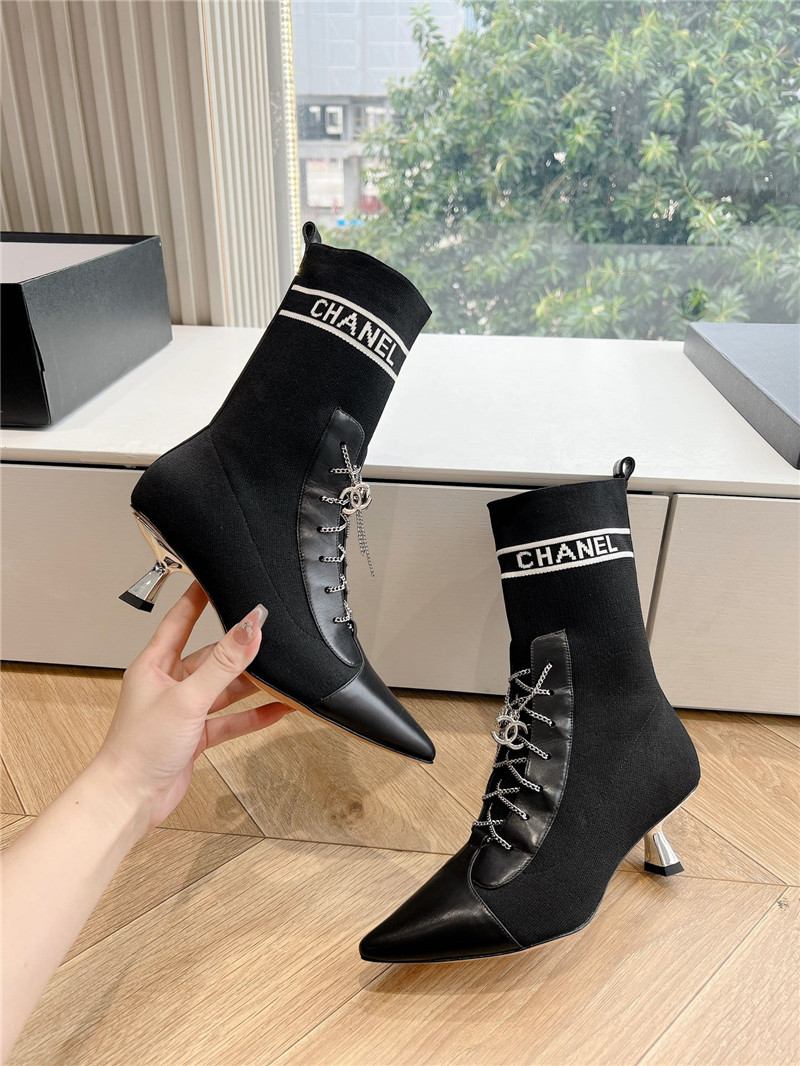 Ch**el pointed toe calfskin knit lace-up ankle boots