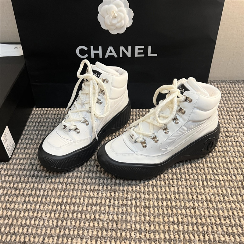 Ch**el white calfskin nylon lace up snow boots