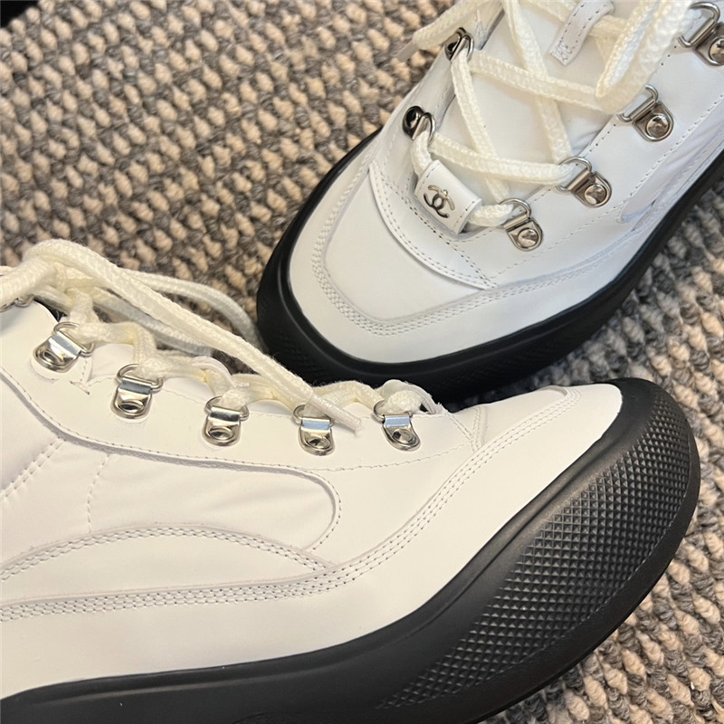 Ch**el white calfskin nylon lace up snow boots