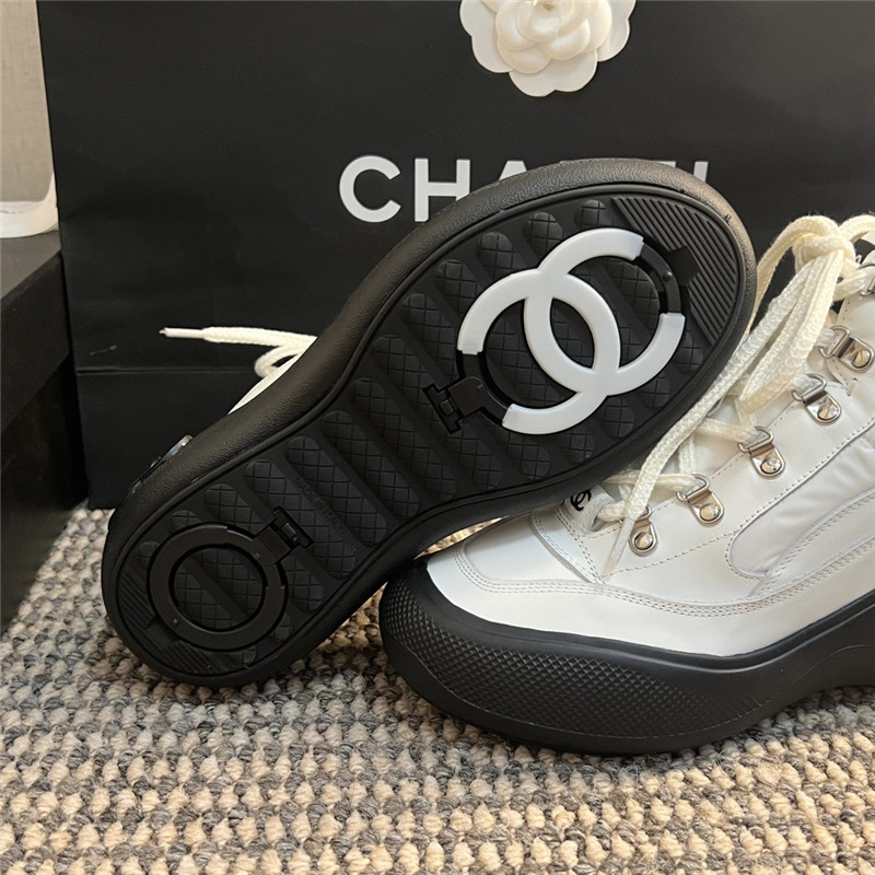 Ch**el white calfskin nylon lace up snow boots