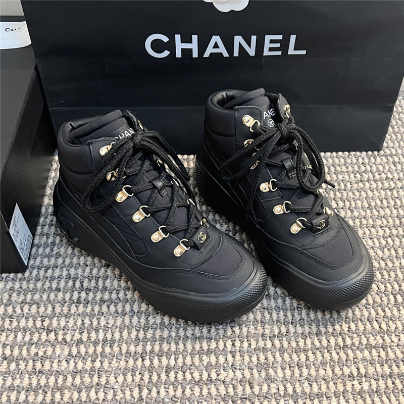 Ch**el black calfskin nylon lace up snow boots