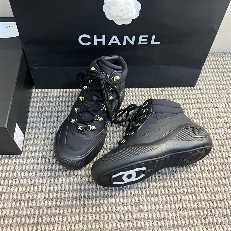 Ch**el black calfskin nylon lace up snow boots