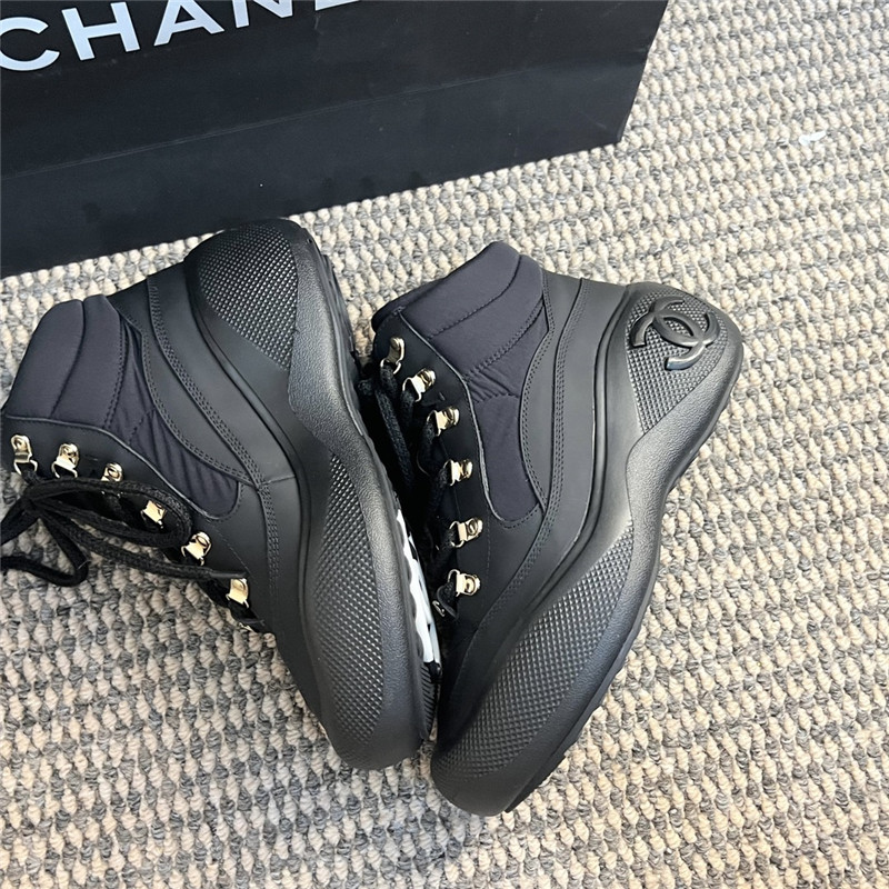 Ch**el black calfskin nylon lace up snow boots