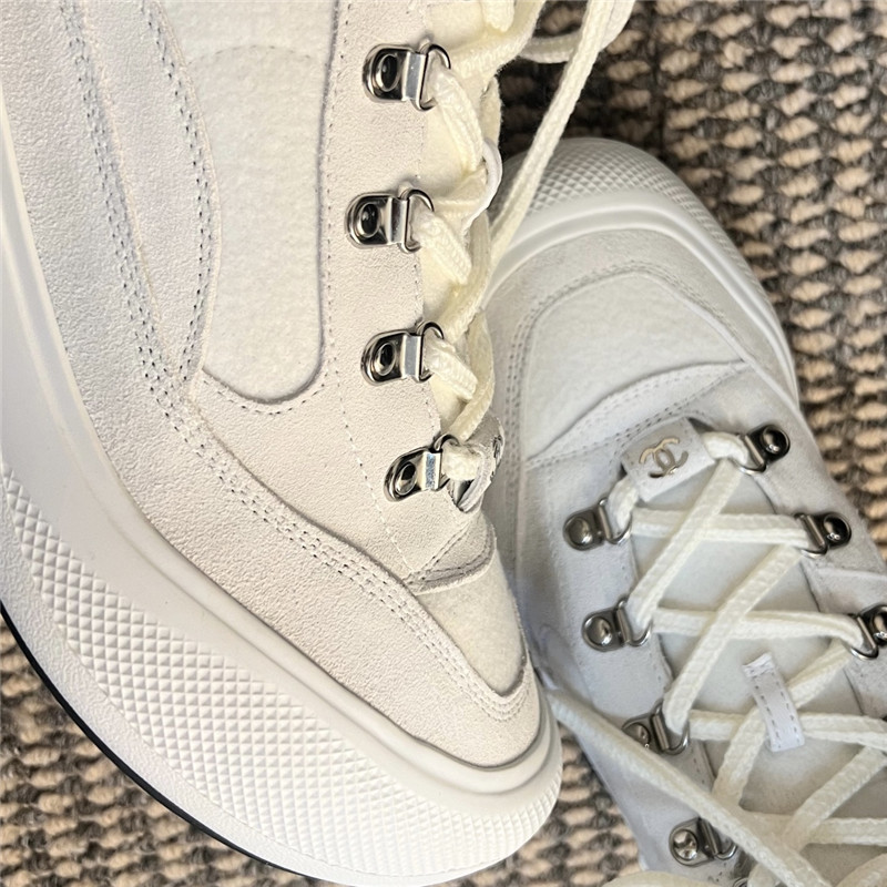 Ch**el white calfskin nylon lace up ankle snow boots