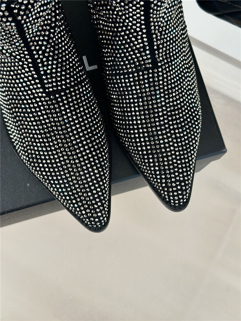Ch**el black pointed toe rhinestone block ankle boots