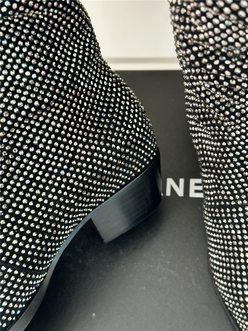 Ch**el black pointed toe rhinestone block ankle boots