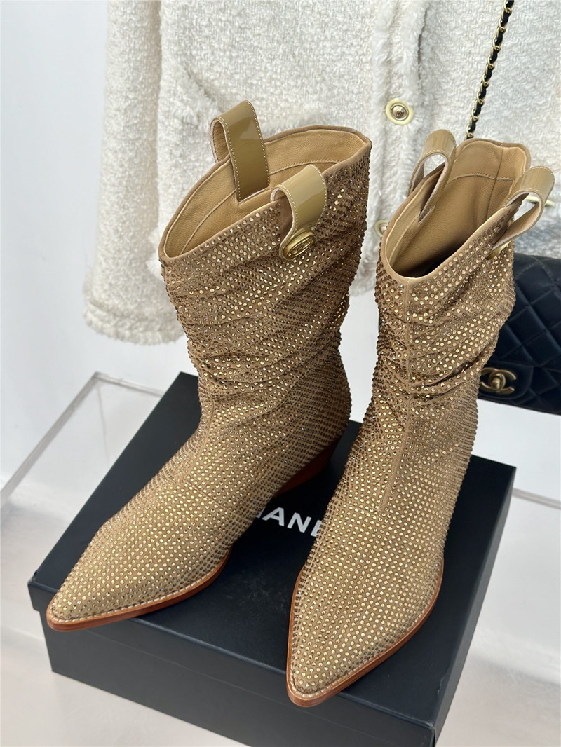 Ch**el gold pointed toe rhinestone block ankle boots