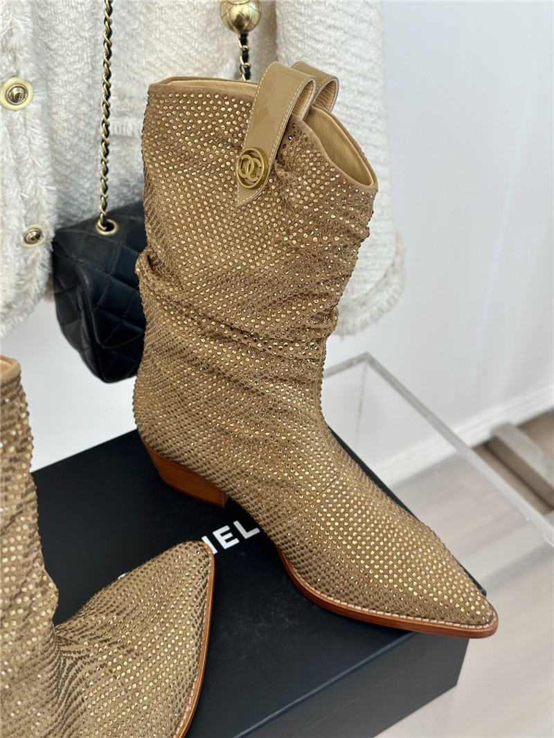Ch**el gold pointed toe rhinestone block ankle boots