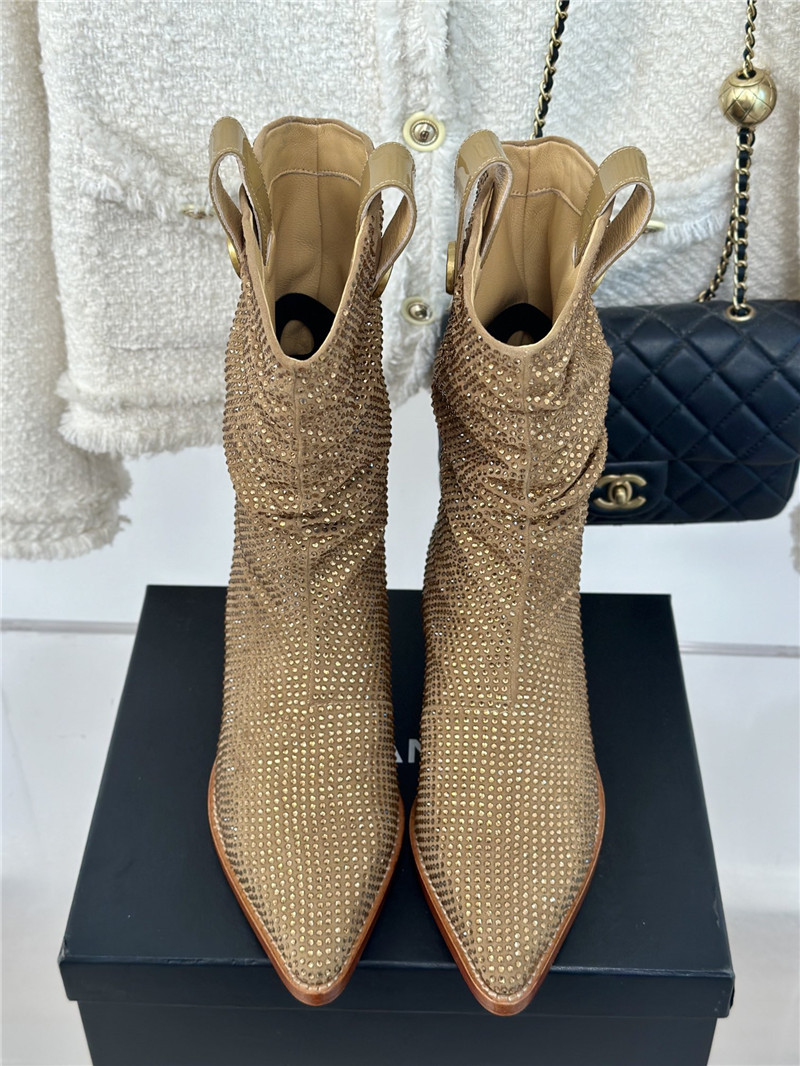 Ch**el gold pointed toe rhinestone block ankle boots