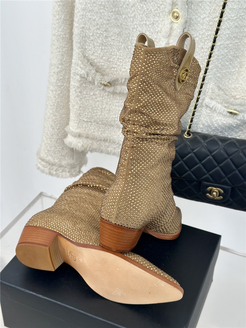 Ch**el gold pointed toe rhinestone block ankle boots