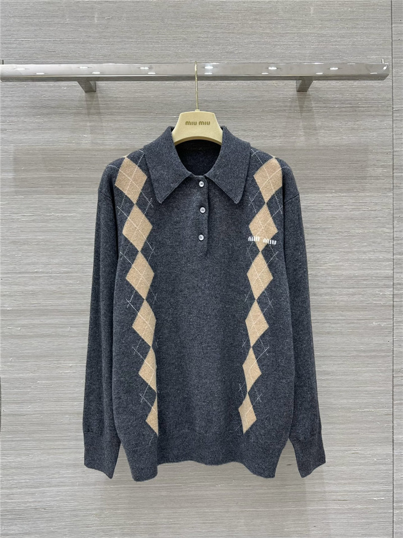 Miu Miu Argyle-Knit Polo Jumper Grey
