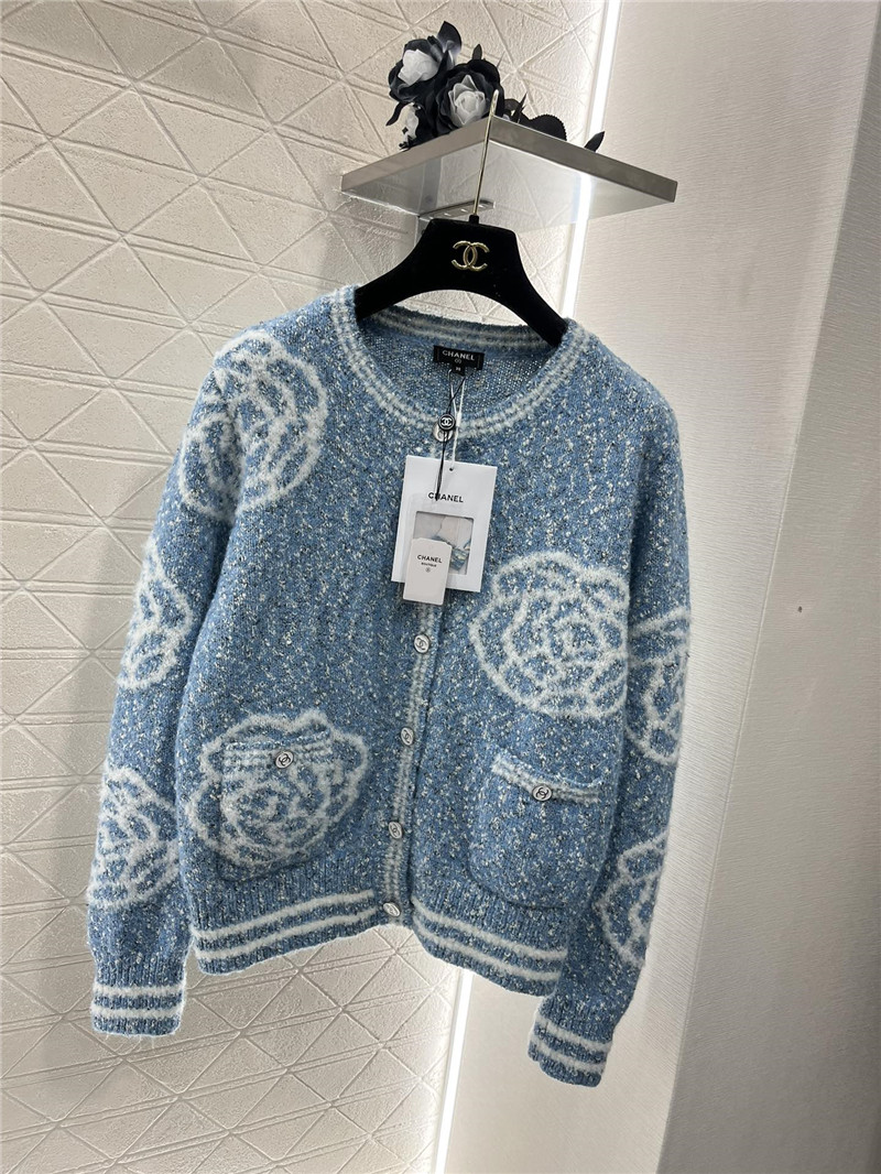 Ch**el floral intarsia wool blend cardigan blue