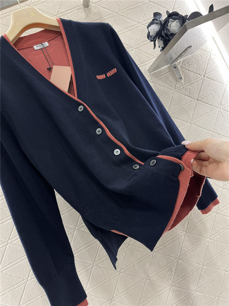 Miu Miu Contrast V-Neck Cardigan Navy/Pink
