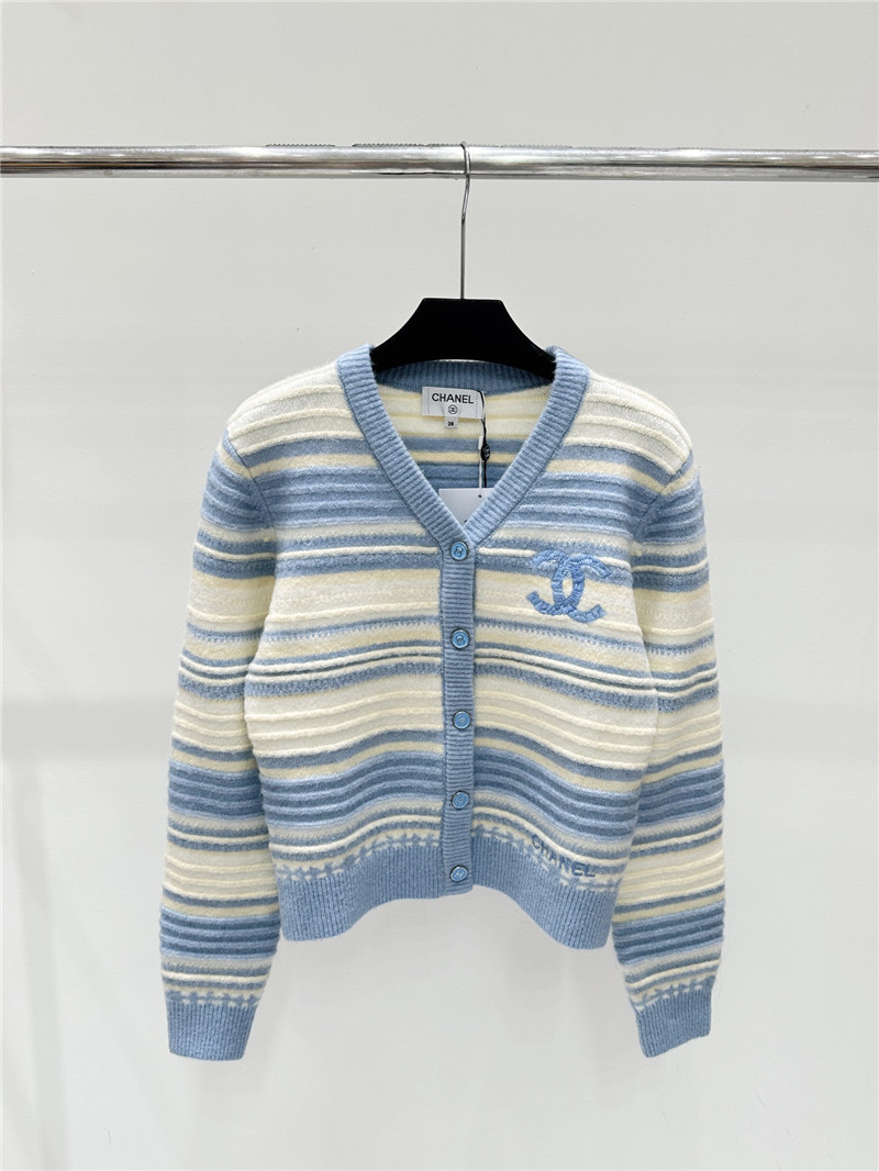 Ch**el jacquard-knit stripe cardigan white/blue
